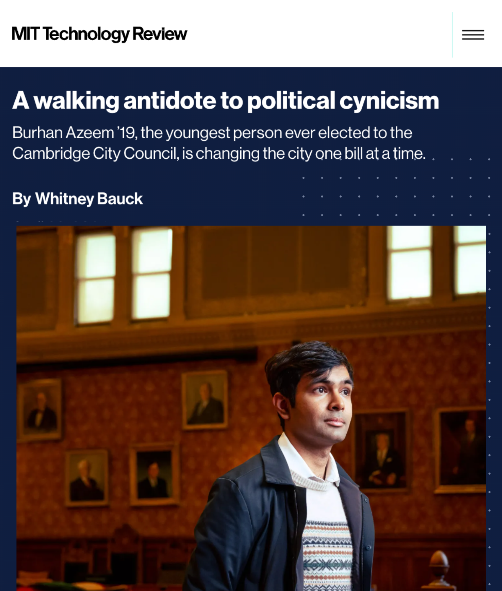 MIT Technology Review: "A walking antidote to political cynicism" — Burhan Azeem being sworn in as the youngest-ever City Councilor in Cambridge history